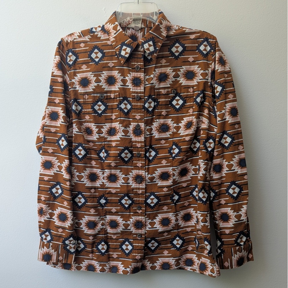 Duluth Trading Co Button Up Brown Southwestern Geometric Shirt Sz M Rustic Fall
